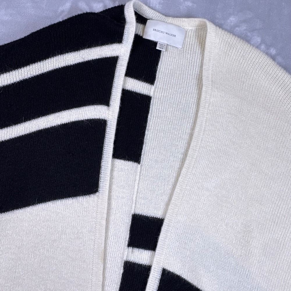 Brochu Walker Alpaca Wool Blend Striped Colorblock Poncho Wrap Black Ivory OS*